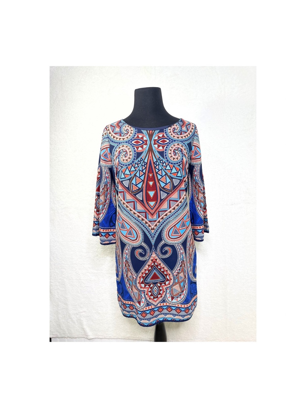 Blue Multicolor Geometric Midi Dress with Three-Quarter Bell Sleeves